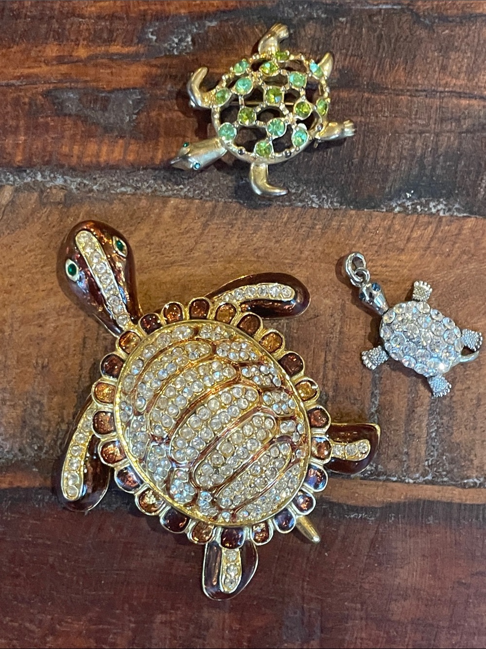 Bundle 3 Turtle Crystal Brooch Pin Trio - Gold Tones with Green & Clear Stones